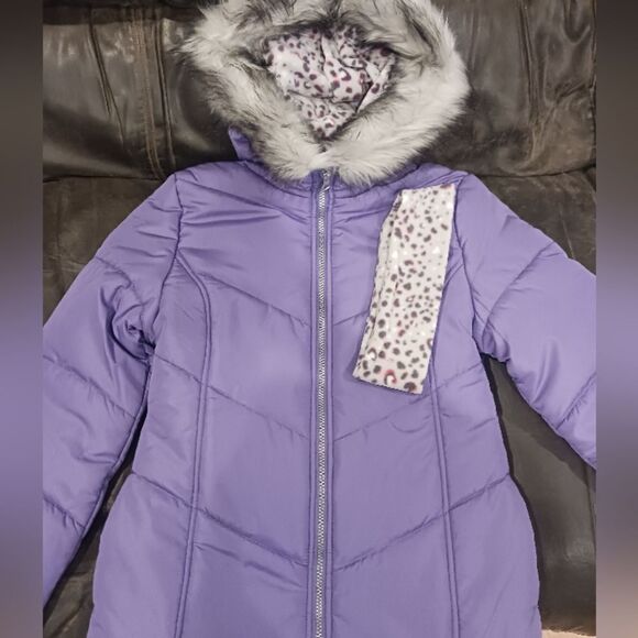 Weather Tamer Girls Purple Coat with Faux Fur Trim & Matching Headband - Picture 8 of 8